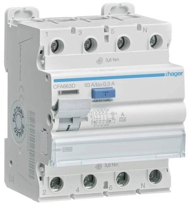 Hager CFA663D Fehlerstromschutzschalter FI-Schalter 4 polig 10kA 63A 1609929