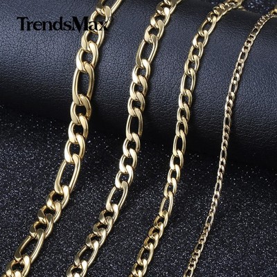 3/5/7/9mm Gold Plated Stainless Steel Figaro Chain Necklace Men Women 16-30''