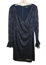 LAUREN RALPH LAUREN Women’s Lace Long Sleeve Bell Cuff Stretch Wrap Dress Sz 10