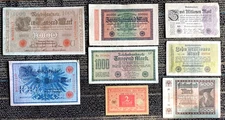 RARE German Banknote Set WWI & Hyperinflation 1908–1923 (8 Notes) - 100+ Yrs Old