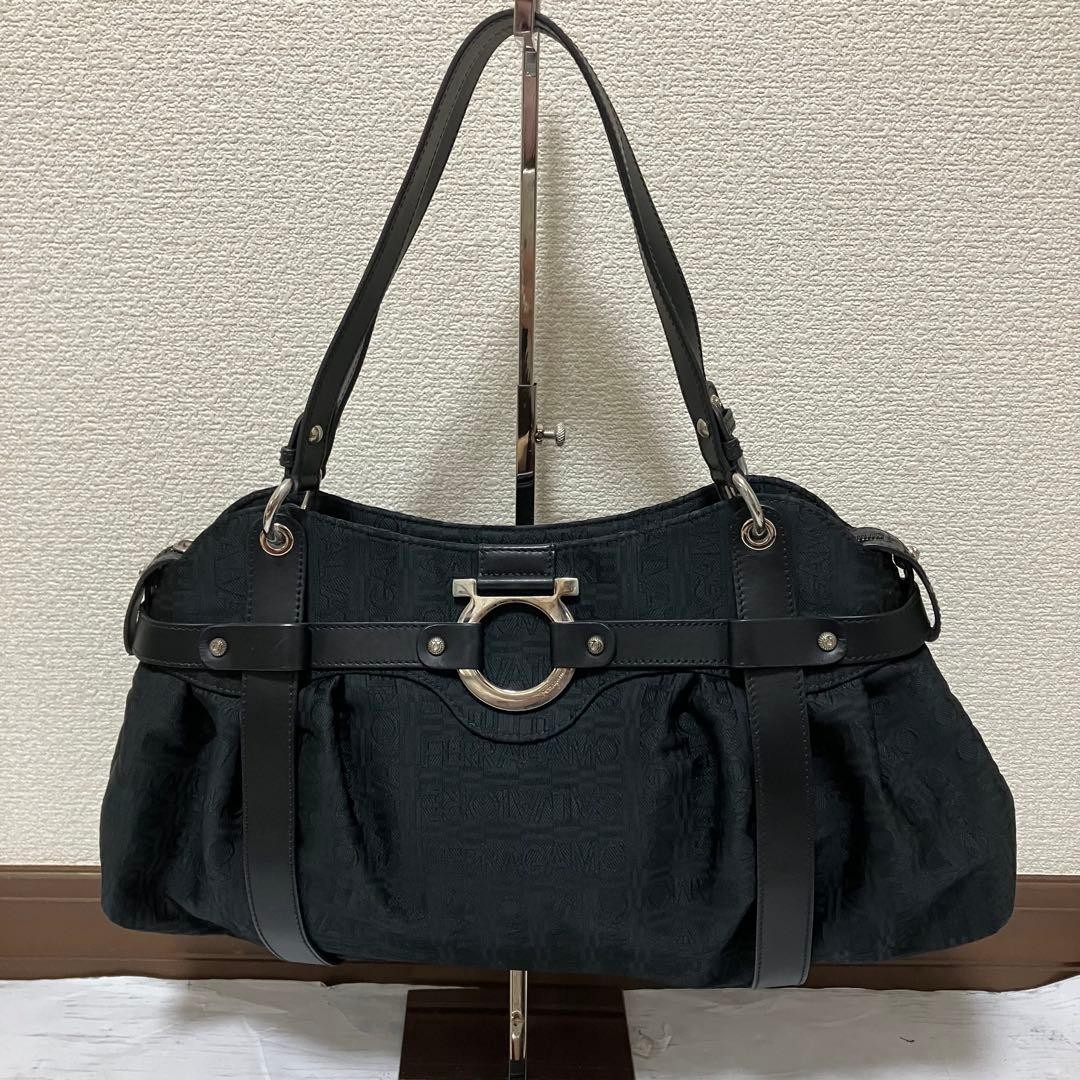 Salvatore Ferragamo Hand Bag Tote Purse Gancini Black Authentic