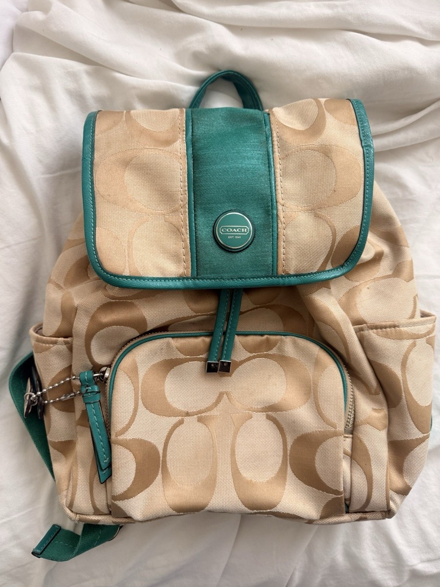Coach Logo Backpack Beige with Green Trim, Zip Closure, Inner