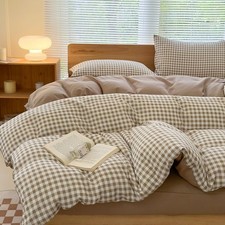 Queen Gingham Grid Duvet Cover Set Tan- Washed Microfiber Plaid Comforter Cover