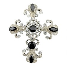 Beautiful Silver Tone And Black Marquis Rhinestone Ornate Cross Brooch