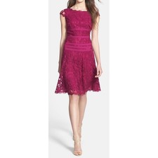 Adrianna Papell Womens Lace Fit and Flare Dress Party Cocktail Red Sz 14 Holiday