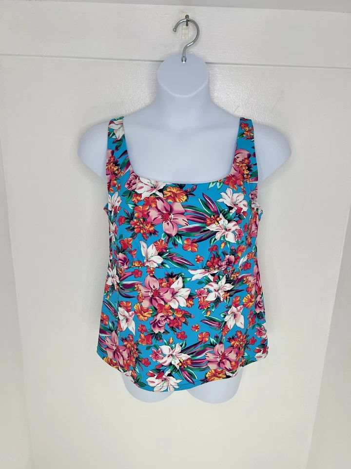 Camiseta Tankini Lands' End Floral Cuello Cuadrado Talla 18W Con Aros Natación Playa Vacaciones Foto 2 de 4