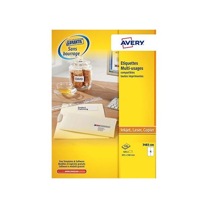 Étiquettes Avery 105 x 148 mm avec adhésif permanent anti-bourrage pour imprimante