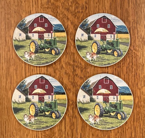 John Deere Tractor & Barn Drink Coasters (Set of 4) Absorbent Stoneware & Cork