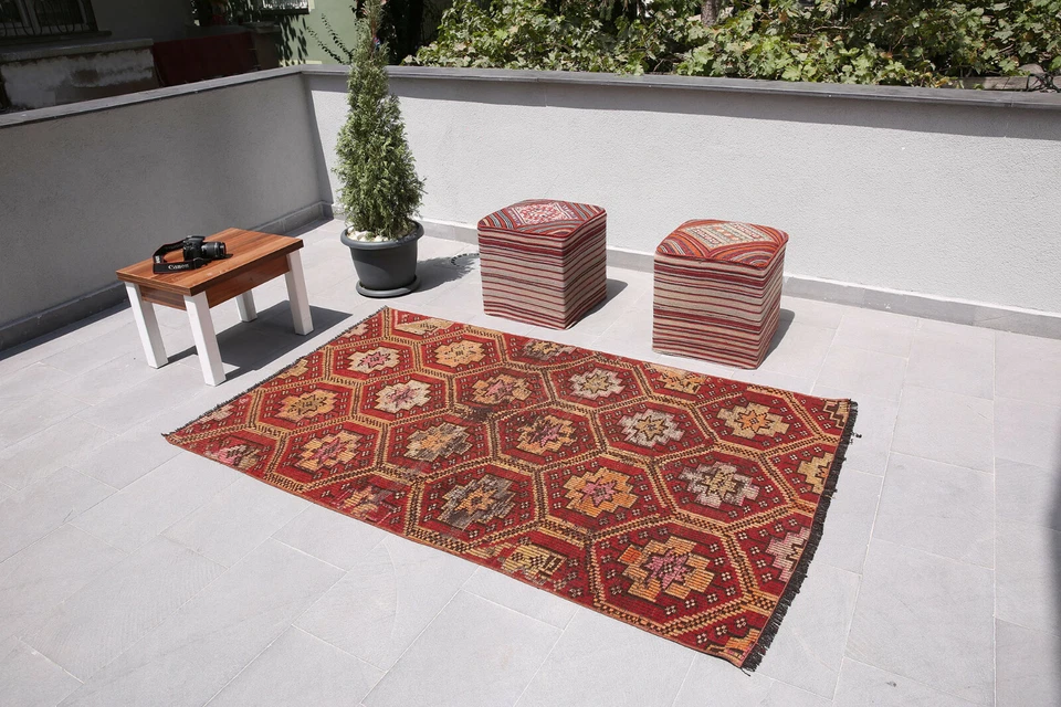 4x7 Vintage Traditional Hand Knotted Wool Oriental Kilim Geometric Area Rug - Image 2 of 4