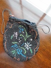 Beaded Bag Purse Black Frameless Floral Victorian Edwardian Antique