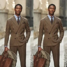 Vintage Plaid Check 2 Pcs Men Suits Business Double-breasted Tuxedo Retro Jacket