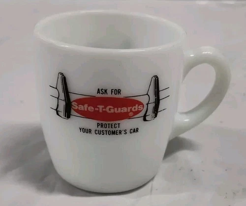Milk Glass Coffee Mug Advertising Metalcrafters Safe-T-Guards Car Bumper Vtg Cup