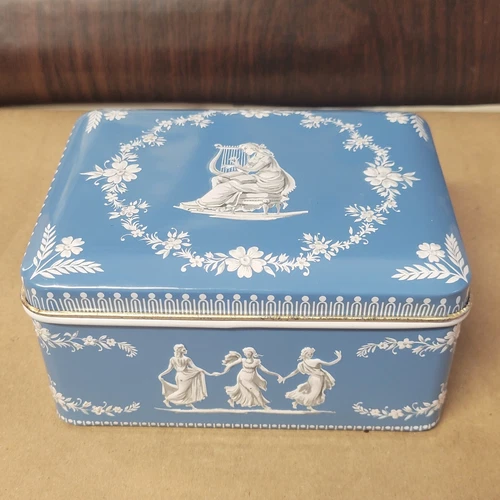 Vintage Tin Can  Victorian Blue White Goddess & Harp Can