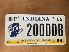 2015 Indiana License Plate Bicentennial # 200 DDB