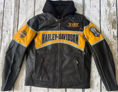 Harley Davidson Men's Moto Grip Yellow Black Leather Jacket Hoodie