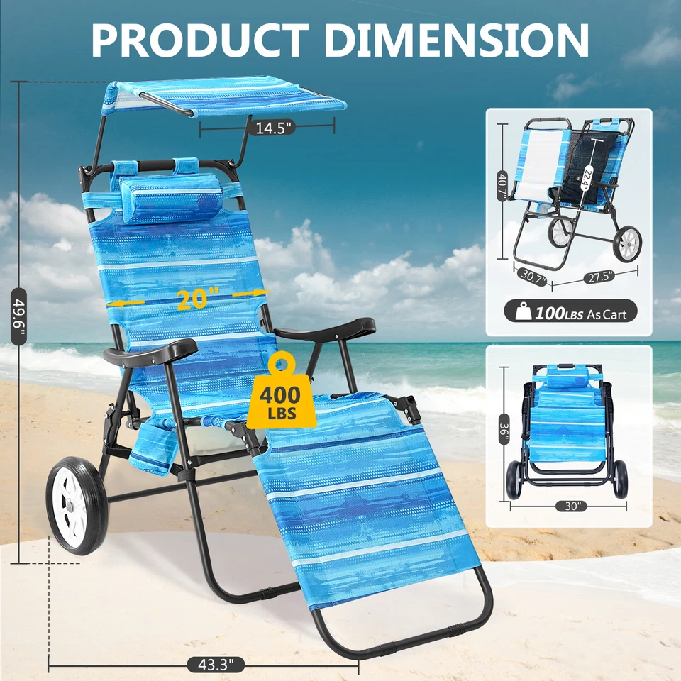 Silla Carro de Playa SLSY, 2 en 1 Chaise Lounge Chair Integrado Tirador Foto 2 de 4