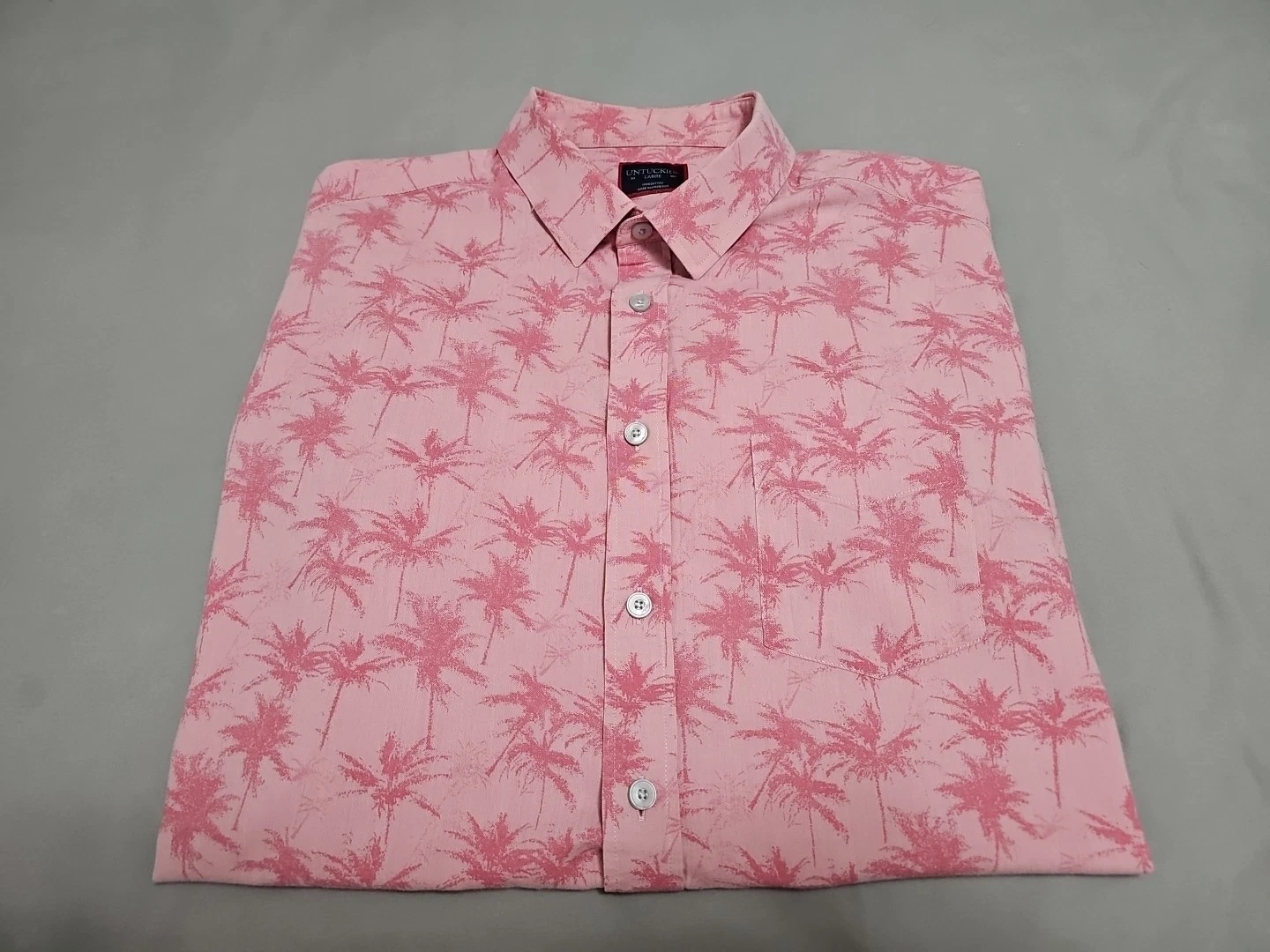 UnTuckit Pink Palm Trees Lightweight Button-up S/S Hawaiian Shirt SZ Large
