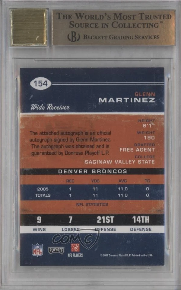 2007 Playoff Contenders Glenn Martinez #154 BGS 9.5 GEM MINT Rookie Auto RC - Image 2 of 2