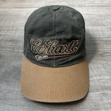 VTG 90s Carhartt Canvas Leather Strap Back Hat Cap Olive Tan Adjustable USA Made