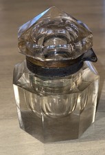 Antique Heavy Thick Pressed Glass Inkwell w/ Hinged Lid Octagon Victorian Era