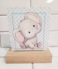 Gray Baby Elephant Night Light Nusery Blue White Wood Gift