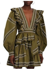 Ulla Johnson Dress 4 Handmade Anais Ruffle Vneck Mini Green Embroidered