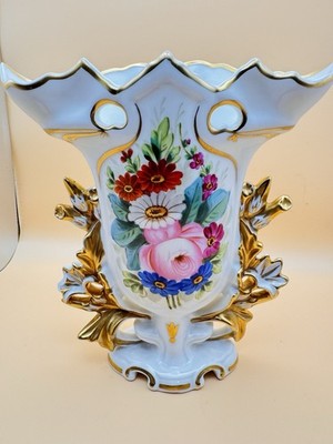 Vintage Porcelain Vase White Gold Gilt Floral Victorian Style Ornate Handles