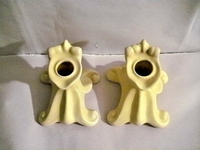 PAIR OF WELLER CANDLE HOLDERS SMOOTH MATT YELLOW 4 FEET EACH 4'' HIGH 1'' CANDLE