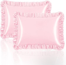 Pink Ruffle Satin Pillowcase Standard Size Set of 2,Imitate Silk Pillow Cases...