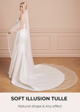 Cathedral Wedding Bride Veil White Ribbon Hem Metal Comb 118 Inches Long NEW