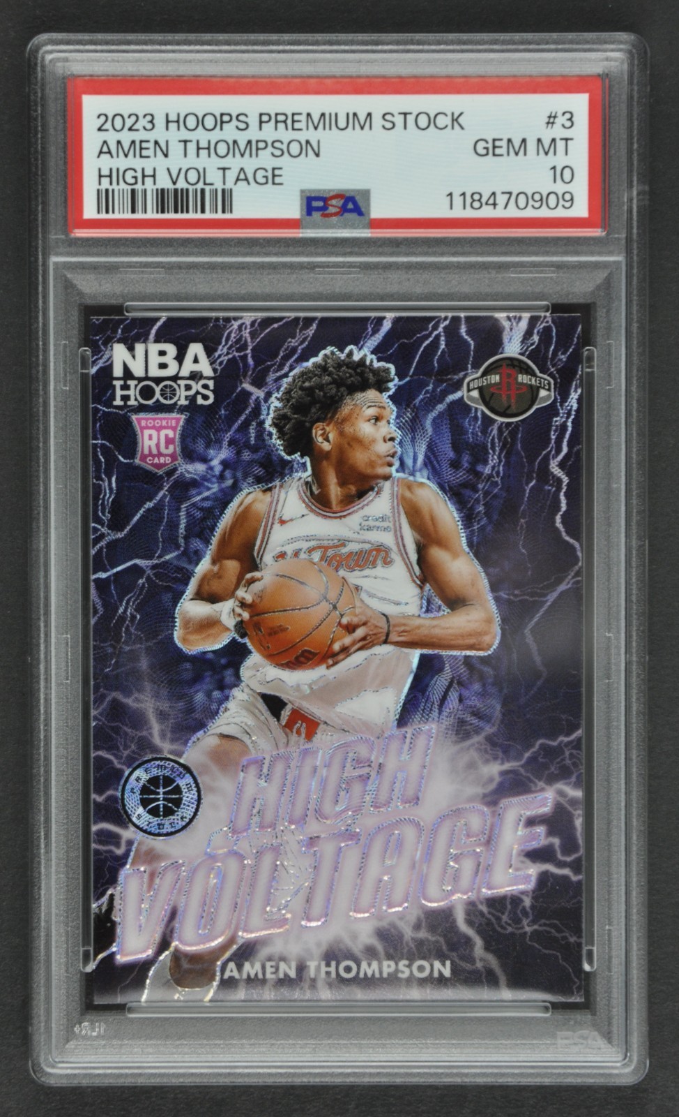2023-24 Hoops Premium Stock ~ AMEN THOMPSON RC ~ HIGH VOLTAGE (SP) ~ GEM PSA 10