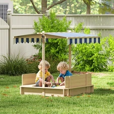 Covered Sandbox with Lid & Adjustable Canopy for Kids, Wooden