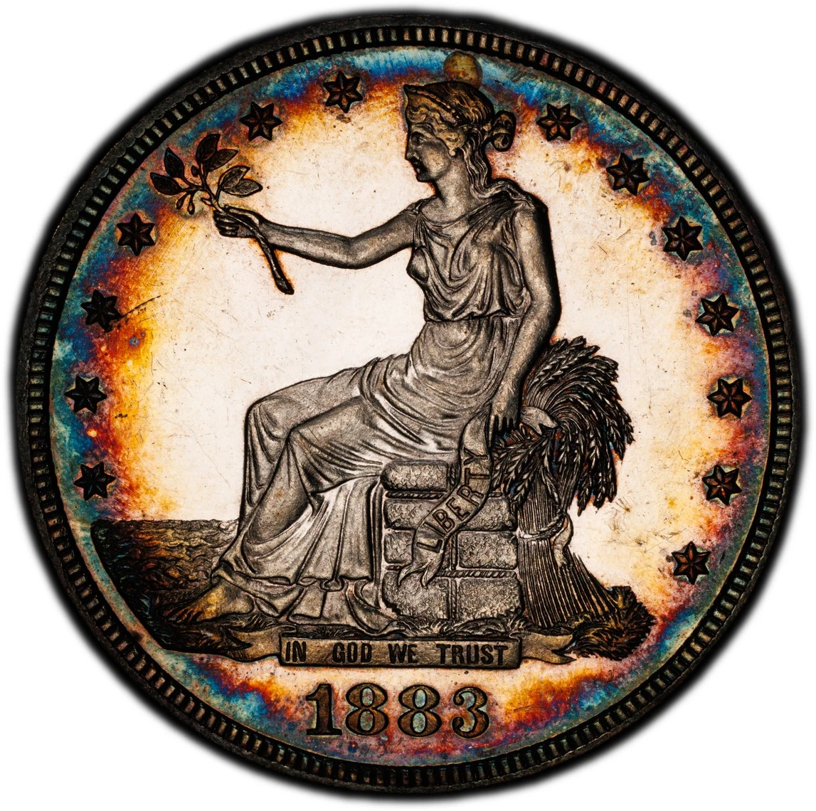 Trade Dollar 1883 PCGS Proof-63 CAMEO! Stunning Toning! Amazing Eye Appeal!