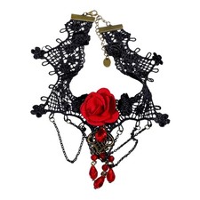 Victorian Gothic Choker Necklace 13" Black Lace Red Rose Festoon Cosplay VTG