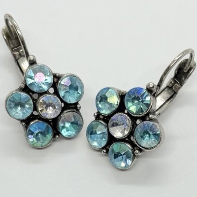 Vtg Blue Rhinestone Flower Drop Leverback Earrings Silvertone