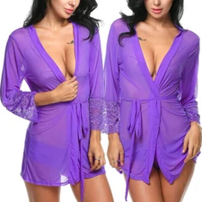 Sexy Lingerie Women Lace Cardigan Babydoll Robe Lady Sheer Nightgown Kimono Gift