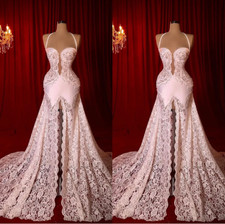 Modern Lace Mermaid Wedding Dresses Halter Pearls Bridal Gowns Split Custom Made