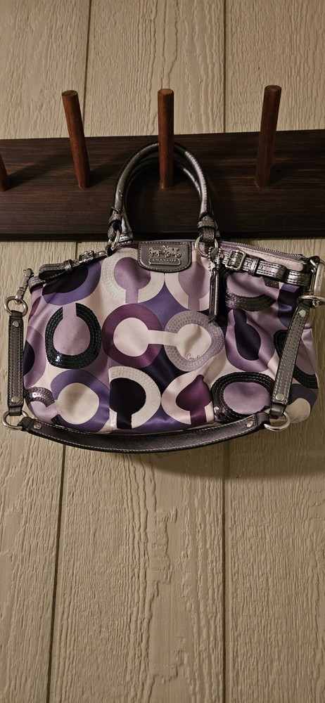 Coach Sateen Satchel Purse Strap And Hangtag Included. Purple, Grey, Burgundy.