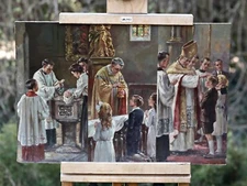 Religious Scene With Children And Priest – Oil On Cardboard – Unsigned