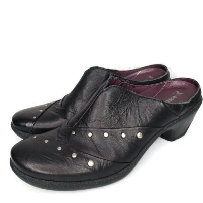 Romika Black Leather Studded Mules Heel Slip On Shoes Women's Size