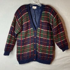 Susan Bristol Cardigan Sweater Size L Navy Plaid Knit Mohair Fully Lined 1993