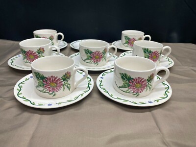 International Tableworks ''TERRACE BLOSSOMS'' ~ (7) Cups ~ 2 3/4'' Tall (8) Saucers