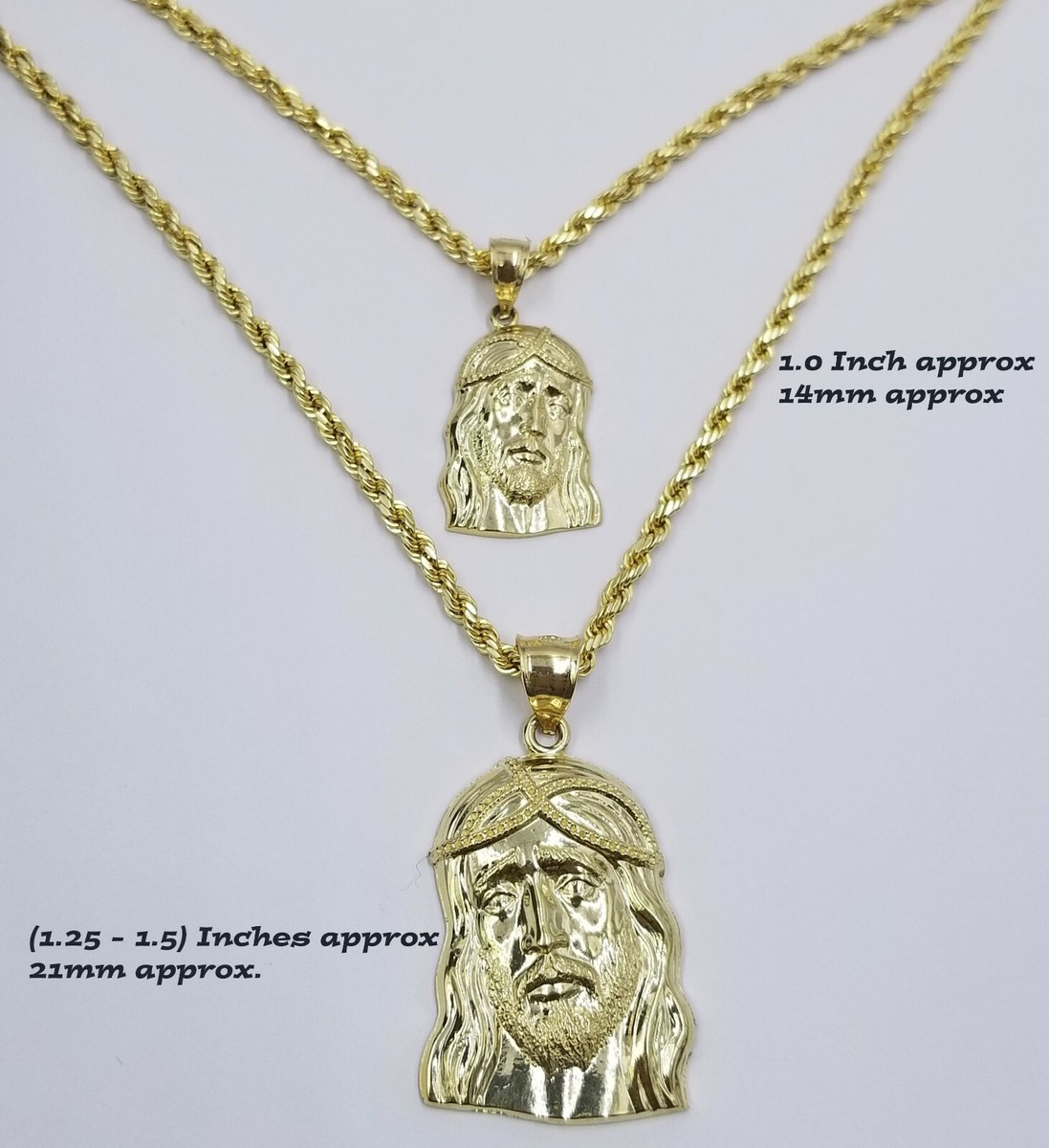 REAL 10k Yellow Gold Jesus Head Charm Rope Chain Pendant SET 18
