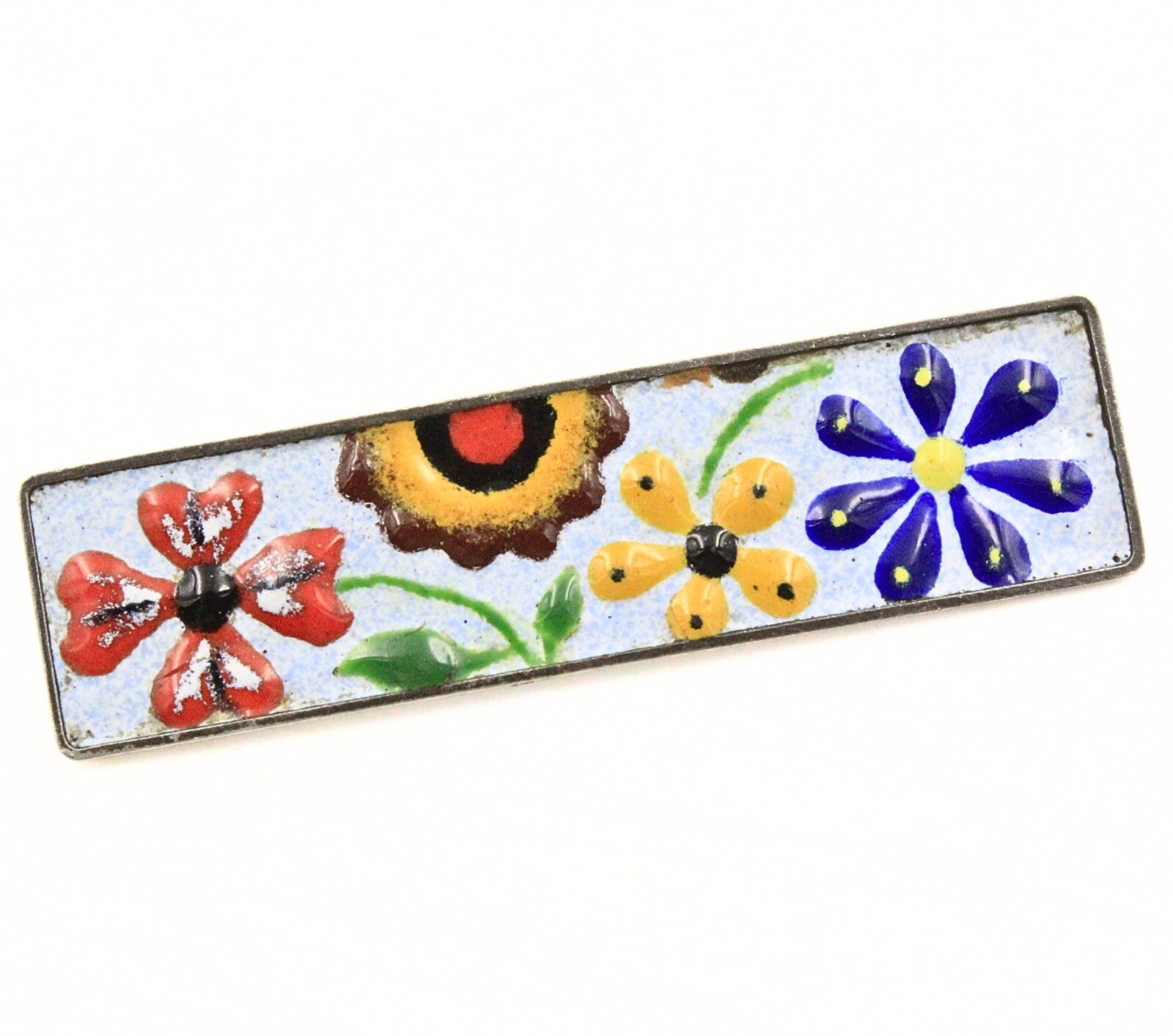 Antique Rectangular German Silver Multi Color Ena… - image 2