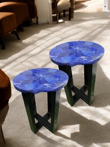 12" Set of 2 Pair Lapis Lazuli Stone Sofa Side Coffee Table Luxury Random Decors - Picture 2 of 11