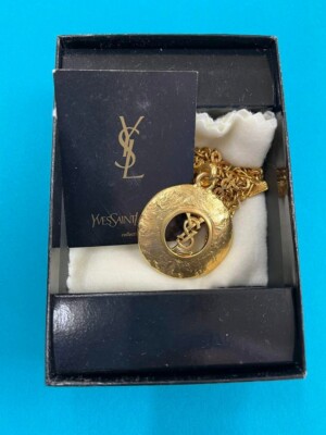 YVES SAINT LAURENT Necklace Pendant AUTH YSL Vintage Rare Logo Chain Gold  F/S
