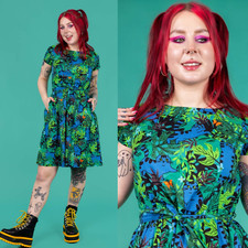 RUN AND FLY Jungle Cats Print Cotton Tea Dress with Pockets 8-26 Stretch Green