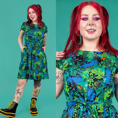 RUN AND FLY Jungle Cats Print Cotton Tea Dress with Pockets 8-26 Stretch Green