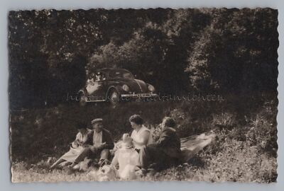Men & Women with VW Beetle at Picnic - Old Photo 1950s
