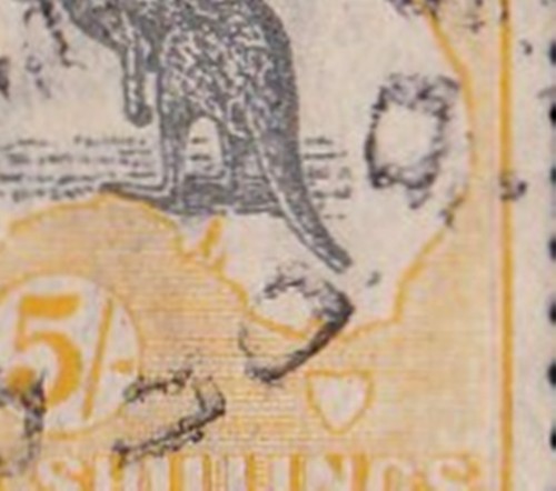 Australia 1918 Kangaroo 5/- Grey & Yellow 3rd Watermark Used - Broken Tail - Picture 2 of 3